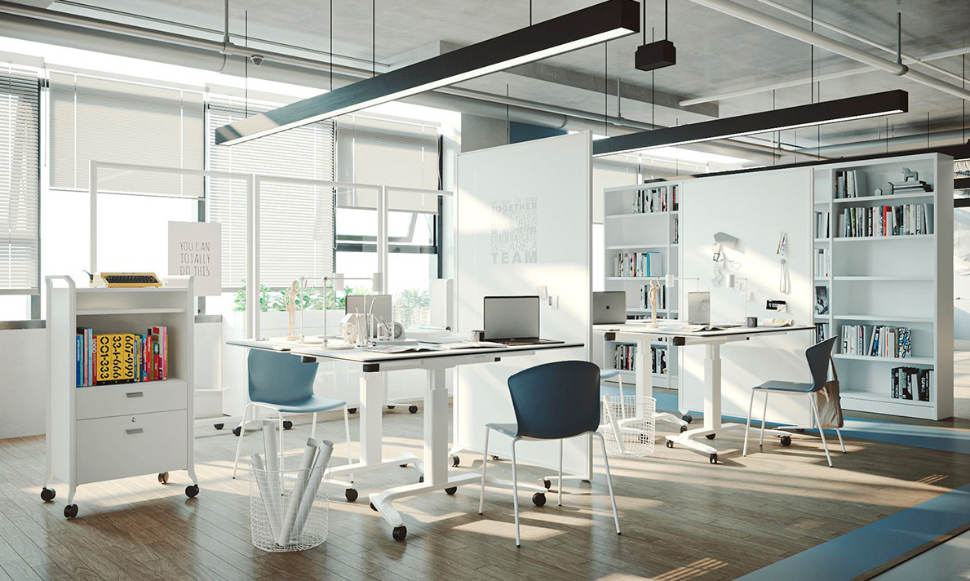 Mesa elevable con estructura blanca en oficina técnica modern