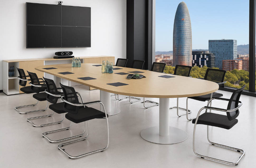 Sala de reuniones con mesa ovalada de madera clara y sillas negras